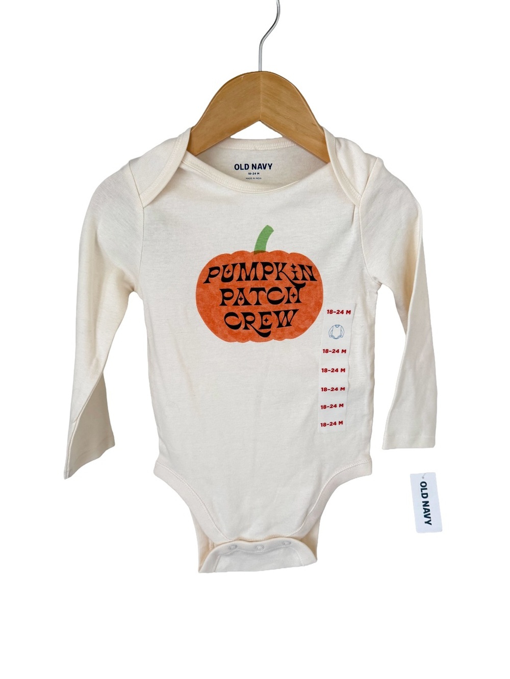 Old Navy Cream Long-Sleeve One-Piece with Orange Pumpkin Graphic 18/24 Months